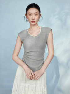 SUSHE | Glitter Stripe Pleated Waist Short Sleeve T-Shirt