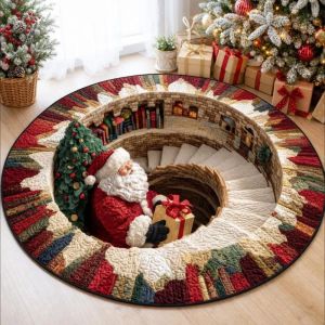 3D Optical Illusion Santa Claus Rug Machine Washable Non-Slip Carpet Soft Round Living Room Mat Xmas Party Decor