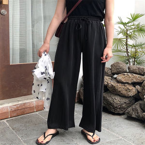 Summer Thin High Waist Drapey Ice Silk Drawstring Casual Straight Leg Wide Leg Pants Womens Loose Fit Trousers