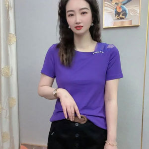 Slimming Short Sleeve T-Shirt Womens Summer New Fashion Cute Style Mesh Splice Diagonal Collar Top Casual Regular Length