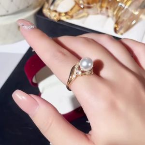 Huitan Elegant Gold Color Women Ring Imitation Pearl Luxury Party Accessories Curve Design Inlaid Shiny CZ Fashion Jewelry
