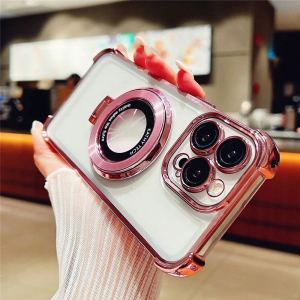 Luxury Magnetic Portable Holder Plating TPU Case for iPhone 16 15 14 13 12 11 Pro Mini X XR XS Max for iPhone Air 17 Pro Max Magsafe Wireless Charging Shockproof Clear Soft Cover