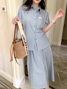 ชุดเดนิมแขนสั้นฤดูร้อนสำหรับผู้หญิง ชุดกระโปรงสั้น ชุดแฟชั่นสไตล์ฝรั่งเศส สบายๆ ดีไซน์เก๋ไก๋ ผ้าโพลีเอสเตอร์