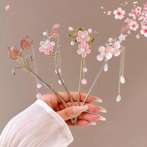 Sweet Girl Pink Chopstick for Hair Pin Flower Fashion Tassel Hair Stick Chinese Hair Accessories
