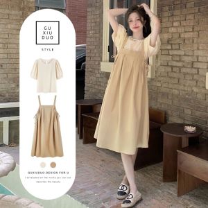 ชุดเดรสแขนพองหวานสไตล์เกาหลี ชุดกระโปรงสองชิ้นสำหรับเด็กผู้หญิง ชุดเสื้อแขนสั้นและกระโปรงพร้อมเข็มขัด ชุดฤดูร้อน