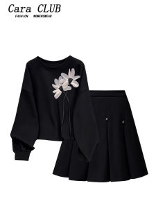 Slimming plus Size Womens Fashion Set round Neck Sweatshirt Pleated Skirt Two Piece Set Comfortable Korean Style Casual Wear