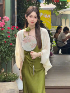 เสื้อคลุมกันแดดผ้าชีฟองสไตล์ฝรั่งเศสสำหรับผู้หญิงในช่วงฤดูร้อน พร้อมสายรัด ชุดคลุมไหล่บาง คาร์ดิแกนระบายอากาศได้ดี ปกเครื่องปรับอากาศ