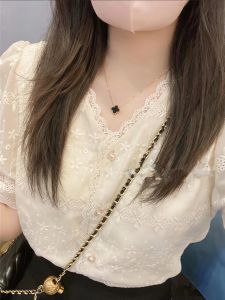 Elegant Embroidered Short Sleeve Shirt Casual Suit Shorts Two Piece Set Women Summer Fashion Design V Neck Lace Commute Style