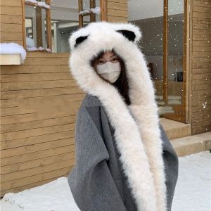 Thickened plush fox ear scarf one-piece hat for autumn and winter warmth neck protection and smaller face