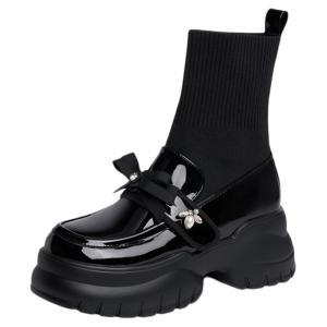 Josiny | Thick Sole Loafer Shoes Elastic Short Boots With Bow