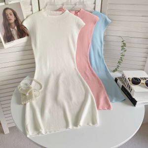 Versatile Solid Color round Neck Sleeveless Vest Dress Womens Tight Slimming Knitted Short Skirt Summer New Korean Style