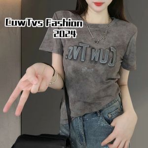 Dirty Dyed Print Short-Sleeved T-shirt for Women 2024 Summer New Arrival Slim Looking Easiest for Match Fashion and Trendy Style Bottoming Shirt Top Clothes for Women