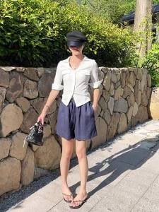White Lyocell Shorts Elastic Waist A-line Slimming Loose Wide Leg Pants
