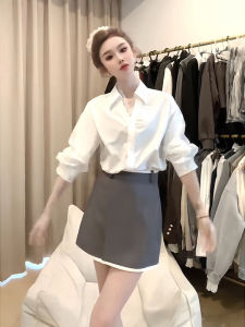 Elegant French Design Lace Edge White Shirt and Skirt Set