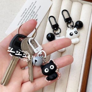 2Pcs Simple Cat Car Keychain with Bell Cute Cartoon Black White Kitten Backpack School Bag Pendant Girls Kids Resin Decoration Gift