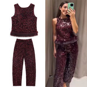 Chic Elegant Sequin Pants 2 Pieces Sets For Women Sequin Fur Vest Top Womens Suit 2026 New Year Party Woman Outfits 