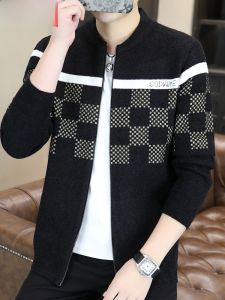 HENGYUANXIANG | Casual Plaid Knitted Sweater Coat Mens Spring Autumn Jacket Outerwear Fashionable Urban Style Round Neck Long Sleeve Top