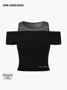ANN ANDELMAN | Spring New Rhinestone Mesh Lace-up One-shoulder Knitted Sweater