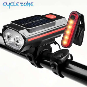 Solar Power Bike Light with Horn Bicycle Headlight Flashlight Taillight Cycling Front Rear Lamp Bike Light Set for Night Riding