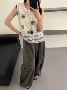 YUEZHONGWEI | Áo len dệt kim lụa băng thêu hoa phong cách Trung Hoa mới cho nữ mùa hè Áo khoác ngoài rộng rãi không tay Áo thun cổ tròn thường ngày