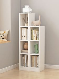 White Solid Wood Bookshelf with Door Adjustable Movable Layer Bookcase Thin Gap Storage Cabinet Ultra Narrow Custom Locker