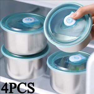 4pcs Stainless Steel Fresh-keeping Box / Multifunction Leak-proof Lunch Box / Round Heat-resistant Meal Storage Bowl / Kitchen Refrigerator Frozen Containers with Sealed Lid