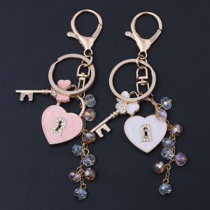 New Fashion Rhinestone Bow Key And Heart Lock Bag Keychain For Women Bag Charm Key Chain Birthday Gift Jewelry