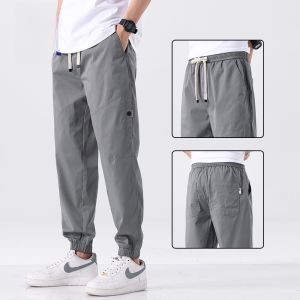 ROMON | Romon Mens Summer Thin Ice Silk Loose Fit Cargo Pants Elastic Waist Casual Long Trousers Trendy Youthful Style Pocket Detail