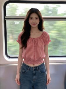 NINGXI | Red Checkered Puff Sleeve T-Shirt Square Neck Tie Waist Female T-shirt