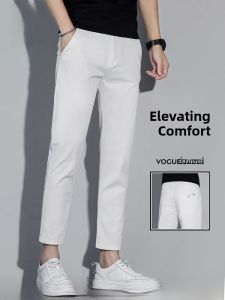 ROMON | Romon Mens Pure Cotton Casual Pants Summer Thin Business Slim Straight Leg Small West Pants White Nine-Point Long Pants