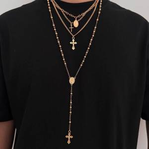 Ingemark 4Pcs/Set Goth Cross Jesus Pendant Choker Necklace for Women Vintage Gold Color Long Chain Christian Jewelry Men Gift