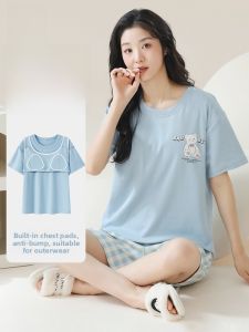 MiiOW | Pure Cotton Summer Thin Short Sleeve Sleepwear Set For Women With Chest Pad Cute Cartoon Home Clothes Cat Person MiiOW