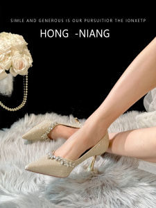 2025 New Fairy Shoes Low Heel Versatile High Heel French Style Semi Open Toe Bridal Shoes Pointed Toe Daily Wear Maidsmaid Shoes