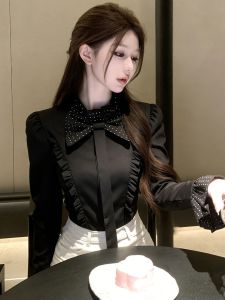 SHANGSHA | Autumn Stylish Elegant Fashionable Black Bow Shirt
