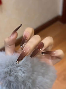 Autumn Winter Gradient Luxury Diamond Embedded Nail Art Handmade Wearable False Nails Removable Elegant White Enhancing Long Nails