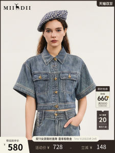 Retro Style Short Sleeve Denim Jacket Womens Spring New Flip Collar Top Cotton 100% Loose Fit Regular Thickness 241MW0012