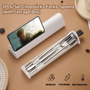 3Pcs/Set Portable Cutlery Set 304 Stainless Steel with Box Tableware Chopsticks Forks Spoons Set Phone Holder