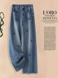 WANGGONGZHU | High Waist Shiny Butterfly Knot Wide Leg Jeans Women Casual Fashion Spring 2025 Slimming Drapey Stylish Floor-Length Pants