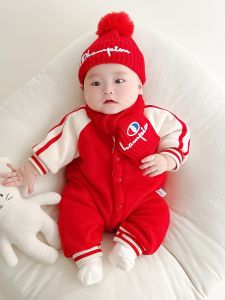 Baby Winter Outfit 3 Months Red New Year Clothes Fleece Lined Romper Suit Outdoor Clothes Korean Style Cotton Polyester Blend