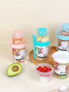 Portable Salad Cup Double Oatmeal Cup Yogurt Nut Fat-Reduced Vegetable Fruit Box Cup with Lid Spoon Breakfast Cup Lunch Box Food Mugs