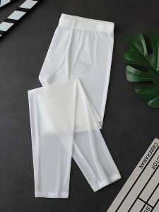 High-End Ice Silk Mens Tight Fit Thermal Pants Ultra-Thin Pure Color Stretchy Lightweight Warm Knitted Fabric Low Waist Nine-Piece Long Pants