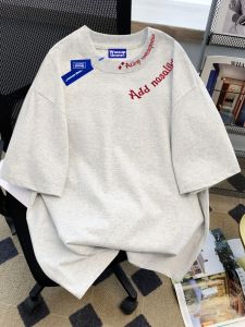 Pure Cotton Embroidered American Style Short Sleeve T-Shirt Couple Matching Loose Fit Summer Sweat Absorbent round Neck Top