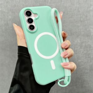 Luxury Candy Color Soft With Lanyard Silicone Magsafe Matte Phone Case for Samsung Galaxy S25 Edge S24 FE S23 S22 Plus Ultra S 25 24 23 22 FE A56 A55 A36 A35 A26 A25 A17 A07 A06 A05 S 4G 5G Wireless Charge With Wrist Strap Cover Casing