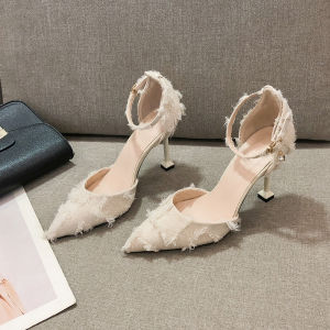 สีดำ รองเท้าส้นสูงรองเท้าเดี่ยวสําหรับผู้หญิงพร้อมหัวเข็มขัดสไตล์นางฟ้าขนาดเล็กหัวคม ทันสมัย พื้นรองเท้ายาง Ultra-Fine Fiber ซับใน