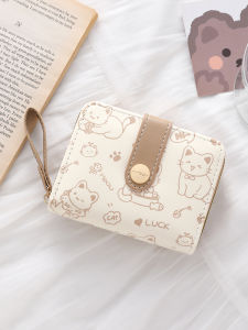 Cute Cartoon Cat Print Short Wallet for Women Folding Zipper Coin Purse Card Holder Korean Style Youth PU Leather Wallet