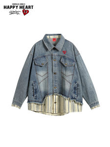 CHARLES JANGS HAPPY HEART | Casual Loose Turn-down Collar Striped Patchwork Denim Jacket