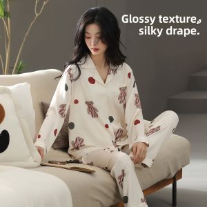 miiow | Cat Woman Ice Silk Sleepwear Summer Cool Feeling Outerwear Cute Cartoon Girls Home Clothes Set Sweet Cute Style Long Sleeve Pants