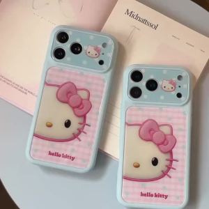 Sanrio | Luxury Pink Gebo Point Half Face Hello Kitty Phone Case for iPhone 17 Pro Max 15 16 Pro Max Protection Cover Cute Cartoon Funda