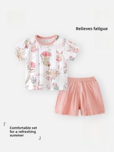 Baby Summer Thin Cotton Short Sleeve Shorts Set Two-Piece Suit Home Air Conditioning Clothes Boys Girls Pure Cotton Outfit