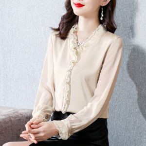 เสื้อเชิ้ตผู้หญิงแขนยาวผ้าชีฟองสีดำฤดูใบไม้ผลิและฤดูใบไม้ร่วง ทรงหลวม สไตล์เกาหลี เสื้อเชิ้ตคอวี ทรงเข้ารูป